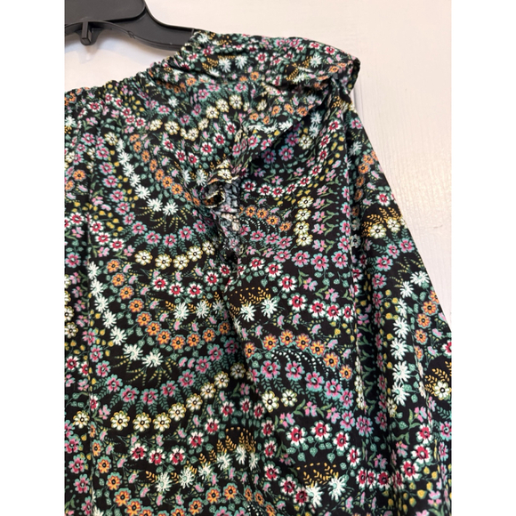 New LOFT Garden Dobby Tie Back Ruffle Blouse Black Calico Floral Cottagecore XS - Picture 5 of 11
